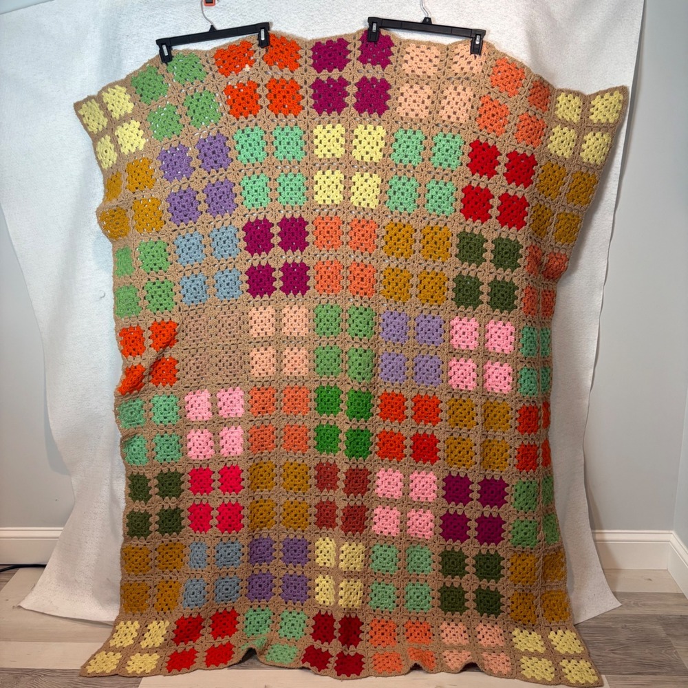 Handmade Crochet Granny Square‎ Blanket 64x55 Colorful Vintage Afghan Throw